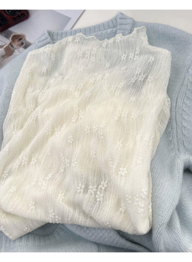PLANDOO Gentle Off-White Lace-Trimmed Semi-High Collar Mesh Lace Base Shirt For Women, Solid Color Thin Layered Sweater Inner Wear Gauze Top - Image 1