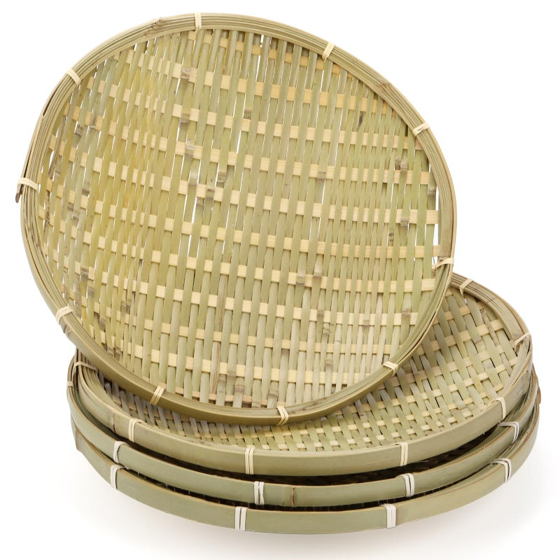 ZENFUN 4 Packs Bamboo Basket Tray 12 In Round Hand Weave Bread Baskets for Serving Woven Fruit Basket Rattan Serving Basket for Garden Daily Dinning Kitchen Organization Stackable