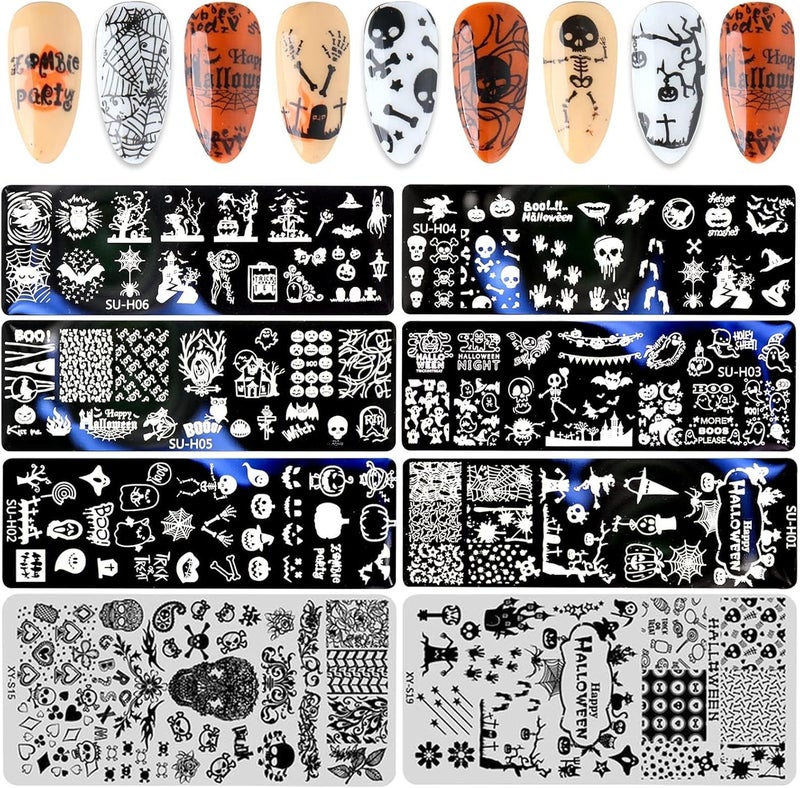 EBANKU 8PCS Halloween Nail Art Stamping Plates Templates Halloween Nail Stamp Plate Pumpkin Skull Bat Witch Nail Stamper Plates Decoration Nail Polish Stamping Plate DIY Nail Stencils Designs