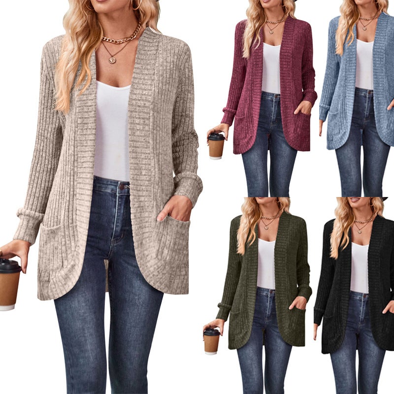 2024 Autum New Product Popular Solid Color Pit Strip Brushed Casual Splicing Long-Sleeved Cardigan Jacket - Image 2