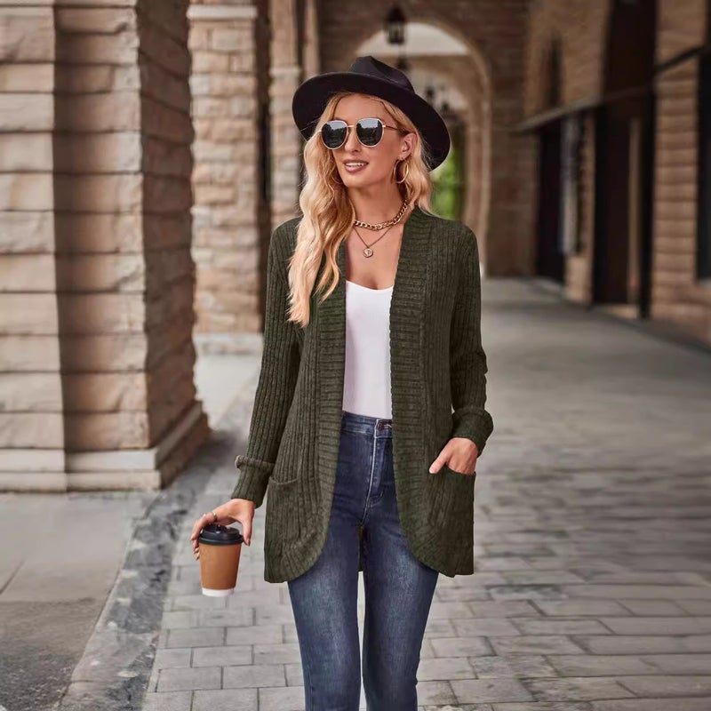 2024 Autum New Product Popular Solid Color Pit Strip Brushed Casual Splicing Long-Sleeved Cardigan Jacket - Image 5
