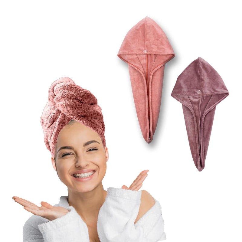 HOUSSE Microfibre Head Towels | 450 GSM High Absorbent Hair Wrap with Adjustable Buttons for Girls | Super Soft & Quick Dry Wrap Towel for Hairs | Set of 2 | 25x65 cm (Desert Sand & Rose Taupe) - Image 1