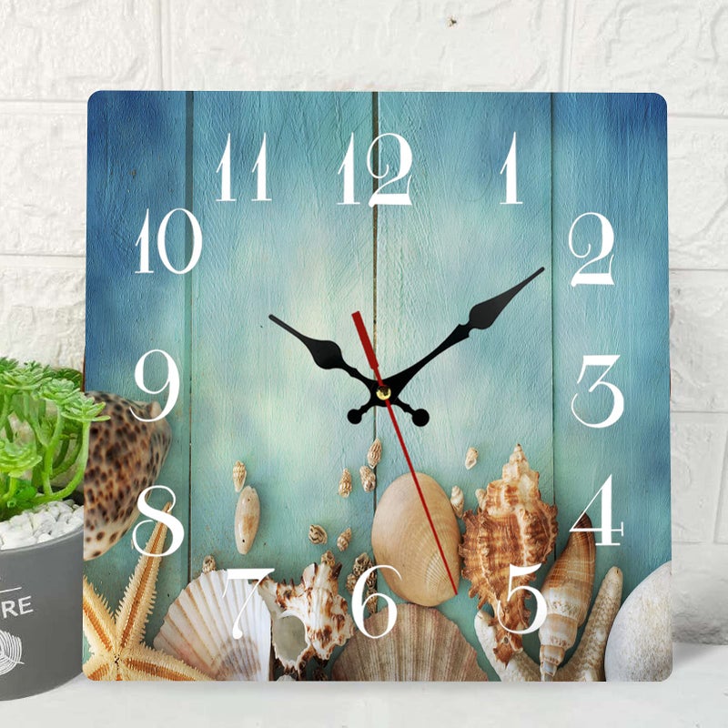 ArtSocket Ocean Wooden Wall Clock Silent NonTicking Summer Sea Shell Wood Blue Beach Vintage Square Rustic Coastal Wall Clock Decor for Home Kitchen Living Room Office Battery Operated 12 Inch