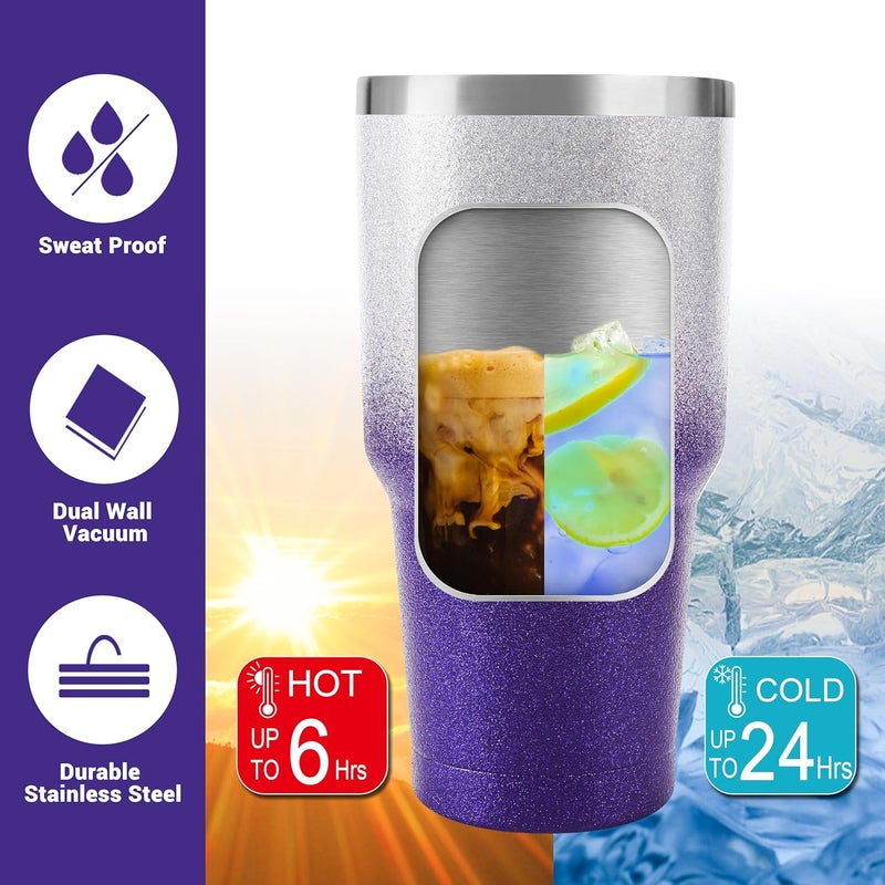DS 30 oz Tumbler Purple Glitter Gradient Cup Stainless Steel Double Wall Vacuum Insulated Mug with Straw and Lid, Cleaning Brush for Cold and Hot Beverages - Image 3