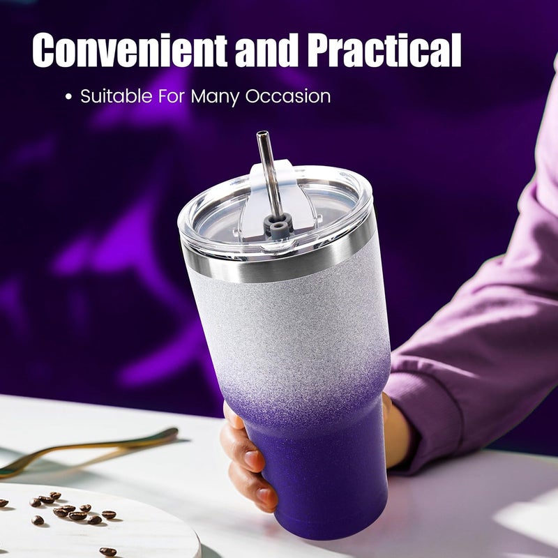 DS 30 oz Tumbler Purple Glitter Gradient Cup Stainless Steel Double Wall Vacuum Insulated Mug with Straw and Lid, Cleaning Brush for Cold and Hot Beverages - Image 5