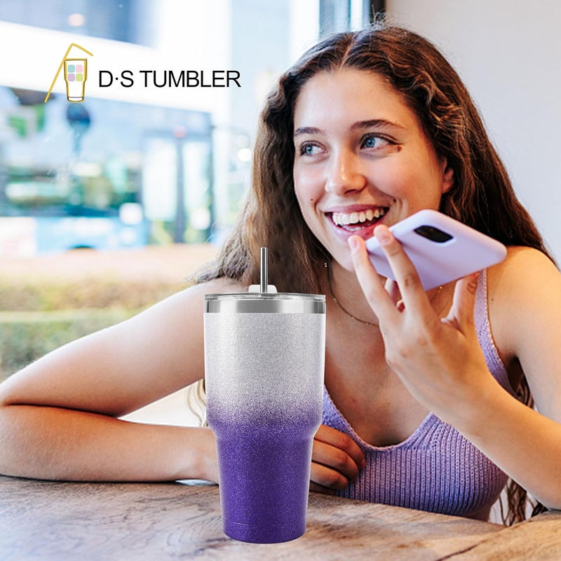 DS 30 oz Tumbler Purple Glitter Gradient Cup Stainless Steel Double Wall Vacuum Insulated Mug with Straw and Lid, Cleaning Brush for Cold and Hot Beverages - Image 4