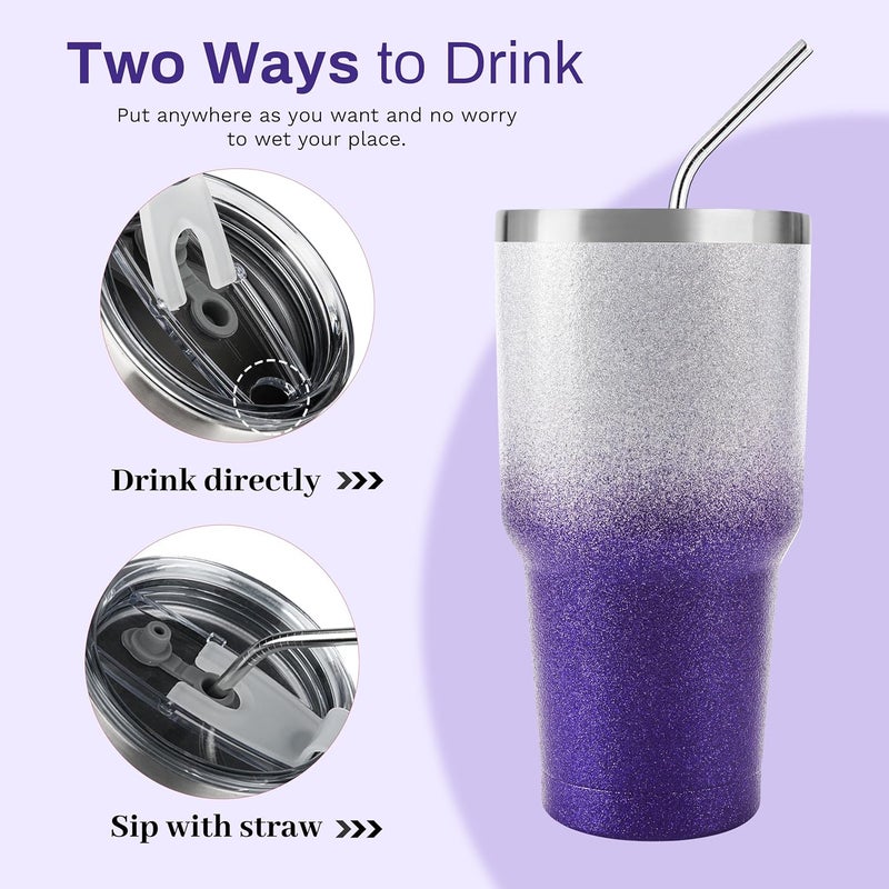 DS 30 oz Tumbler Purple Glitter Gradient Cup Stainless Steel Double Wall Vacuum Insulated Mug with Straw and Lid, Cleaning Brush for Cold and Hot Beverages - Image 2