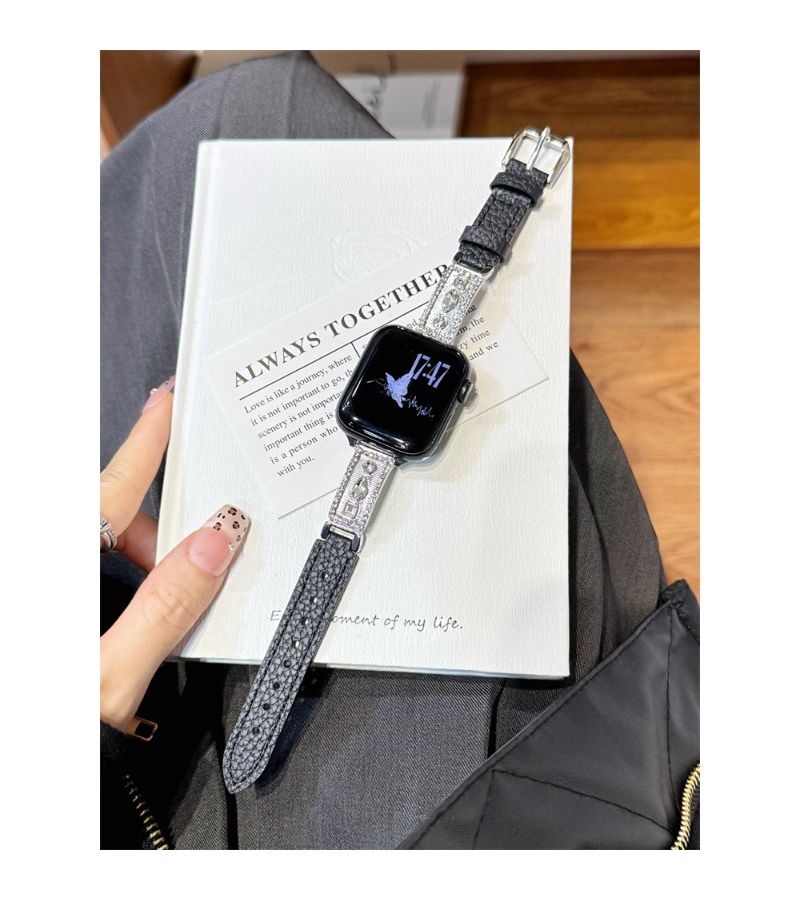 حزام ساعة من الجلد بنقشة الليتشي الأسود 38 مم 42 مم متوافق مع سلسلة Apple Watch - Image 1