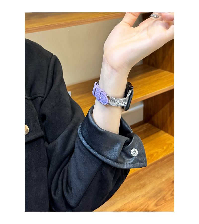 حزام ساعة من الجلد بنقشة الليتشي الأسود 38 مم 42 مم متوافق مع سلسلة Apple Watch - Image 4