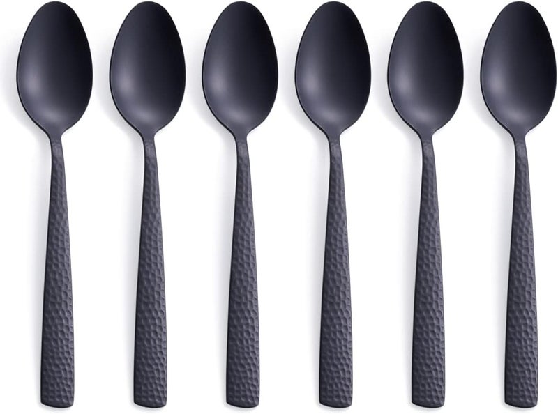 FULLYWARE Matte Black Dessert Spoon Set of 6, 7.0 inches Stainless Steel Black Metal Teaspoon, Satin Finish - Image 1