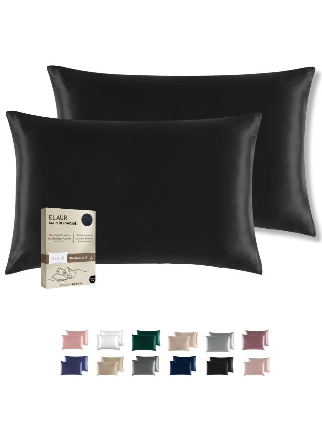 ELAUR Satin Pillowcase for Hair and Skin, Super Soft and Cooling Similar to Silk Pillow Cases 2 Pack with Envelope Closure, Gift for Women Men(20"x26" Standard Size) (Black) - Image 1