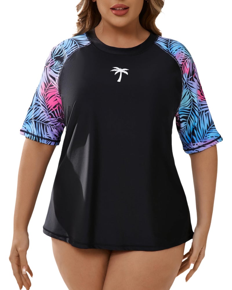 Halcurt Womens Plus Size Short Sleeve Rash Guard Swimsuit Top with Built in Bra Swim Shirt UPF50 Bathing Suit Black Colorful Palm Leaves 4X
