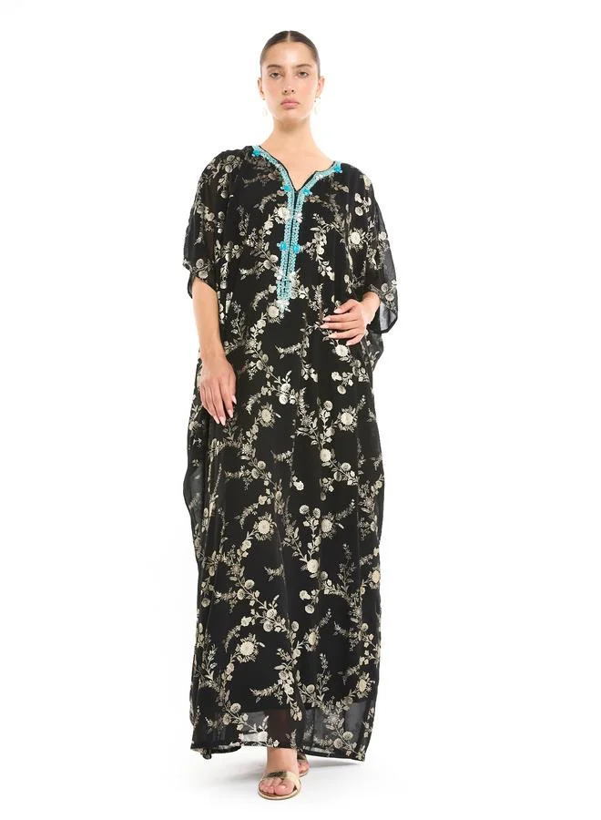 Thouq Black Floral Gold Print Maxi Kaftan with Turquoise Embellishment