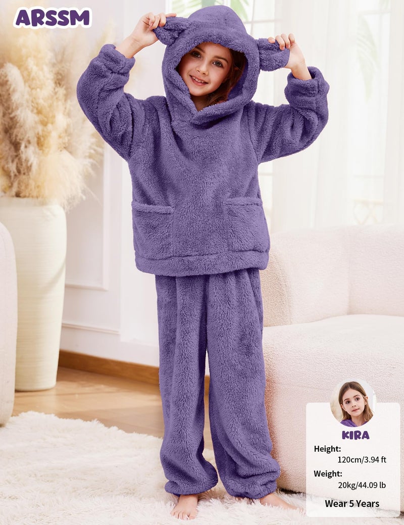 Arssm Girl Pants Sets Two Pieces Outfit Kids Bear Ear Fuzzy Fluffy Hoodie Sweatshirt with Fleece Sweatpants(Purple-3T) - Image 4