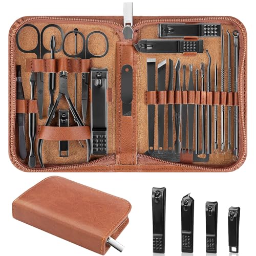 LUCK AROUND Nail Clippers Set, 26 Piece Manicure Set & Pedicure Kit, Stainless Steel Fingernail & Toenail Clipper Cutters, Professional Nail Care Tools with Luxurious Travel Case for Men and Women, Brown - Image 1