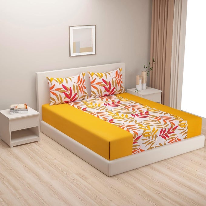 SHADES OF PARADISE COLLECTION PREMIUM COTTON 200 TC FLORAL PRINT COTTON EXTRA LARGE BED SHEET WITH 2 PILLOW COVER -YELLOW/GREEN/WHITE