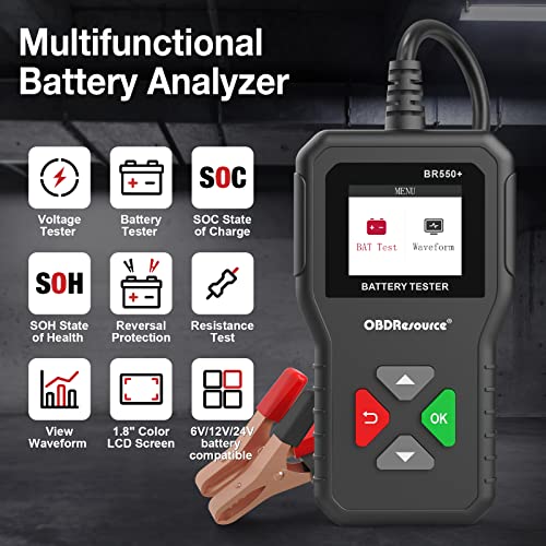 OBDResource جهاز اختبار بطارية السيارة 6V 12V 24V، BR550 100-2000 CCA 2Ah-220Ah، جهاز اختبار المقاومة الداخلية، محلل بطارية رقمي للسيارات والشاحنات والقوارب والدراجات النارية وسيارات الدفع الرباعي. - Image 3