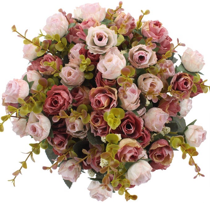 7 BRANCH 21 MINI ROSE HEADS ARTIFICIAL FLOWERS BOUQUET WEDDING HOME OFFICE DECORPACK OF 4 PINK