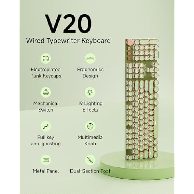 EWEADN TYPEWRITER STYLE MECHANICAL GAMING KEYBOARD,104 KEYS BACKLIT LED KEYBOARD, MEDIA CONTROL KNOB, WIRED COMPUTER KEYBOARD PINK SWITCH FOR WINDOWS/MAC/PC-GREEN - Image 3