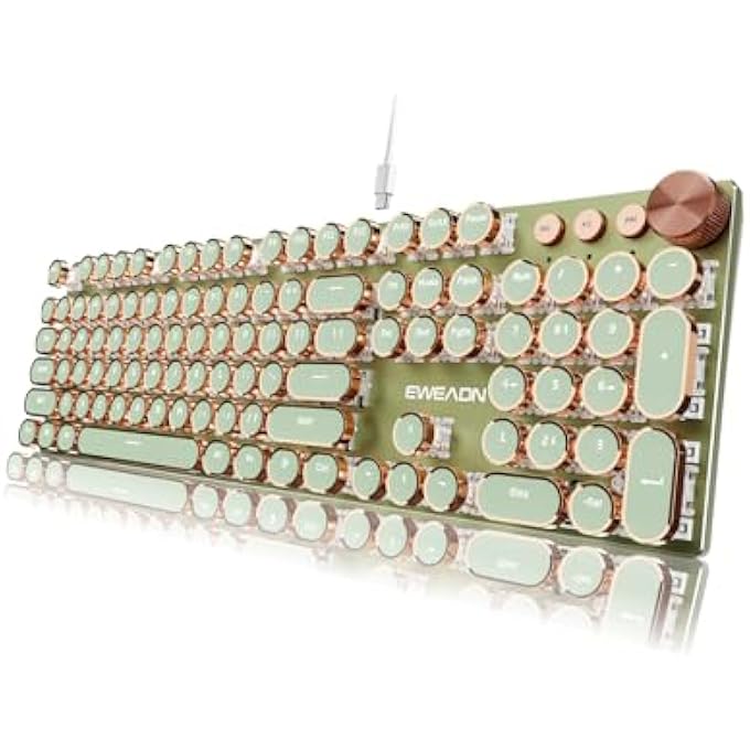 EWEADN TYPEWRITER STYLE MECHANICAL GAMING KEYBOARD,104 KEYS BACKLIT LED KEYBOARD, MEDIA CONTROL KNOB, WIRED COMPUTER KEYBOARD PINK SWITCH FOR WINDOWS/MAC/PC-GREEN - Image 1