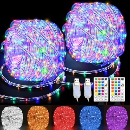 GLPE LED Rope Lights Indoor with USB Powered, 66Ft (33Ft X 2 Pack) 200 LED String Lights Outdoor with Remote,16 Color Changing Rope Lights for Outside Garden Party Wedding Christmas - Image 1
