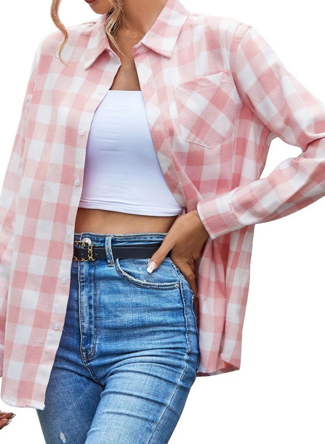 SANGTREE Mommy and Me Outfits Girls Plaid Shirts Button Down Long Sleeve Flannel Shirts for Girls Pink White Plaid, 7-8 Years = Tag 140 - Image 1