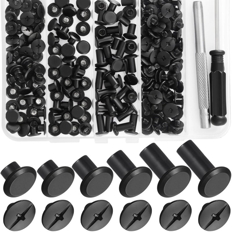 YORANYO 100Sets Black Chicago Screws Leather Rivets Kit for Fabric Leather Crafting Assorted 6 Sizes Chicago Binding Screws for Decorate and Repair Belt Bag Shoes Purse Pet Collar Clothing Bookbinding - Image 3