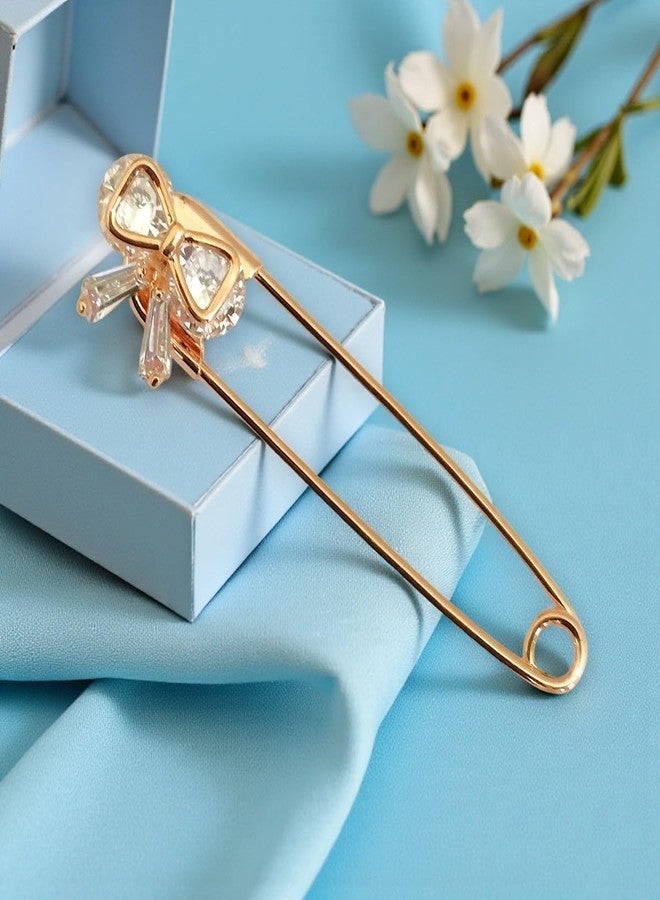 ACCESSHER Women's & Girls Rose Gold-Plated Bow American Diamond Safety Pin Brooch, Decorative Saree and Hijab Pin, Elegant Saree Pleats, Pallu & Dupatta Accessory - Image 3