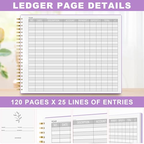 AKONEGE Accounting Ledger Book for Small Business Bookkeeping & Personal Use, Horizontal Expense Tracker Notebook for Family Budget, Bookkeeping Record Book Money Expense & Income Log Journal, Purple - Image 3
