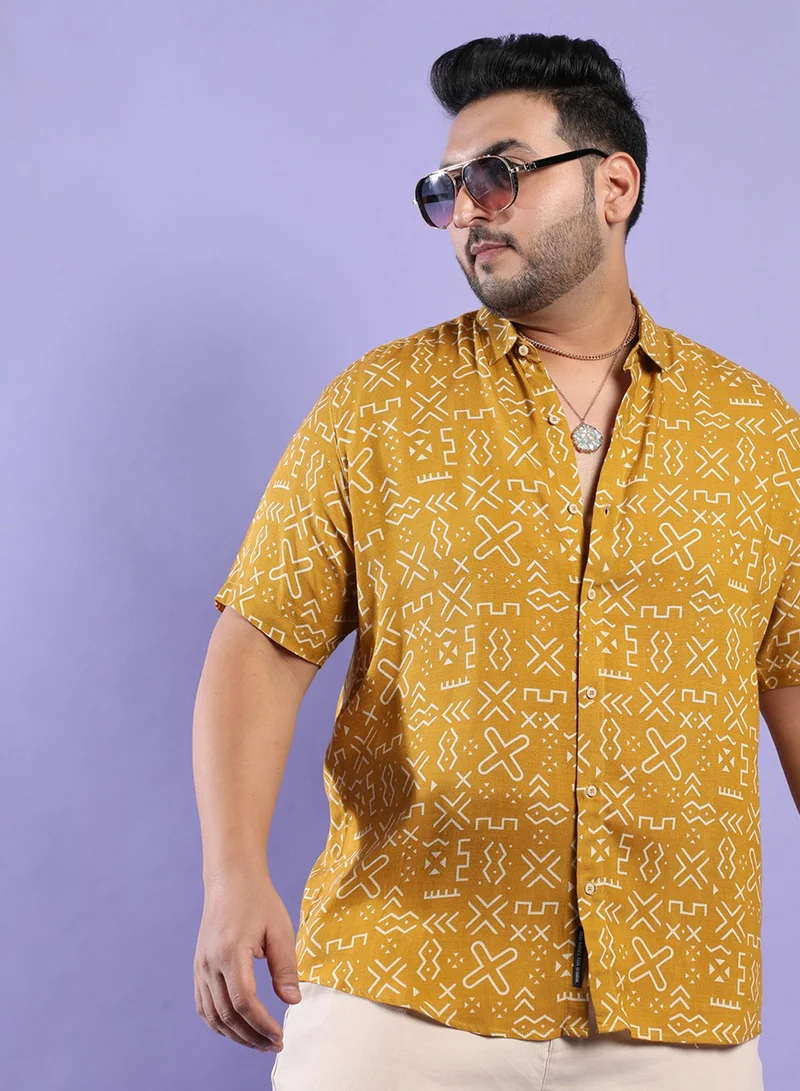 Instafab Plus Instafab Plus Men's Mustard Yellow Minimal Aztec Shirt For Casual Wear | Spread Collar | Short Sleeve | Button Closure | Heavy Rayon Shirt Crafted With Comfort Fit For Everyday Wear