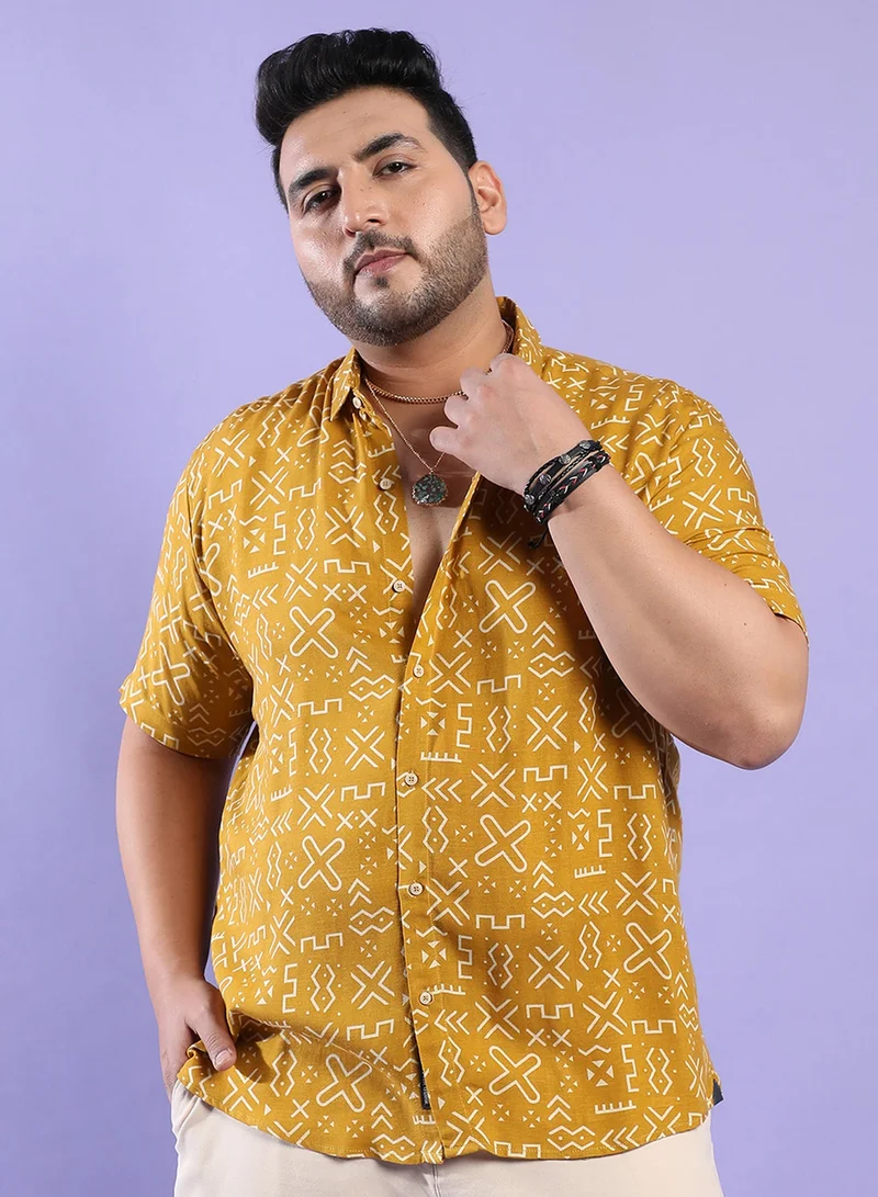 Instafab Plus Instafab Plus Men's Mustard Yellow Minimal Aztec Shirt For Casual Wear | Spread Collar | Short Sleeve | Button Closure | Heavy Rayon Shirt Crafted With Comfort Fit For Everyday Wear