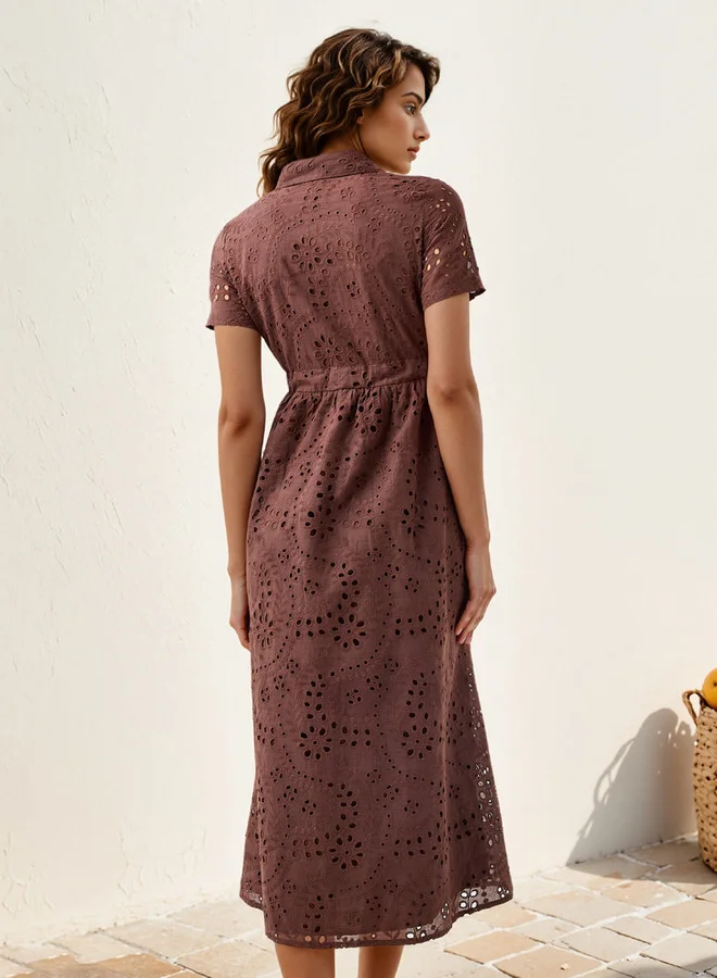 2Xtremz 2Xtremz Schiffli Textured Shirt Dress with Collar and Short Sleeves