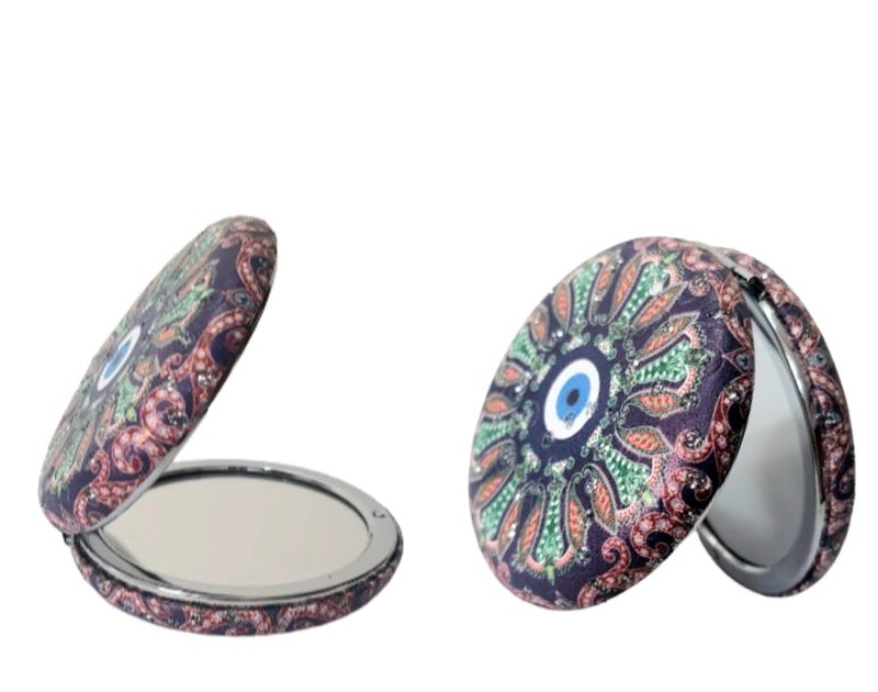 Portable Foldable Round Designer Mirrors with 2x1 Magnifying Glass Studded for Self Grooming Makeup Carry in Purses Handbags Gift Item  - Image 1