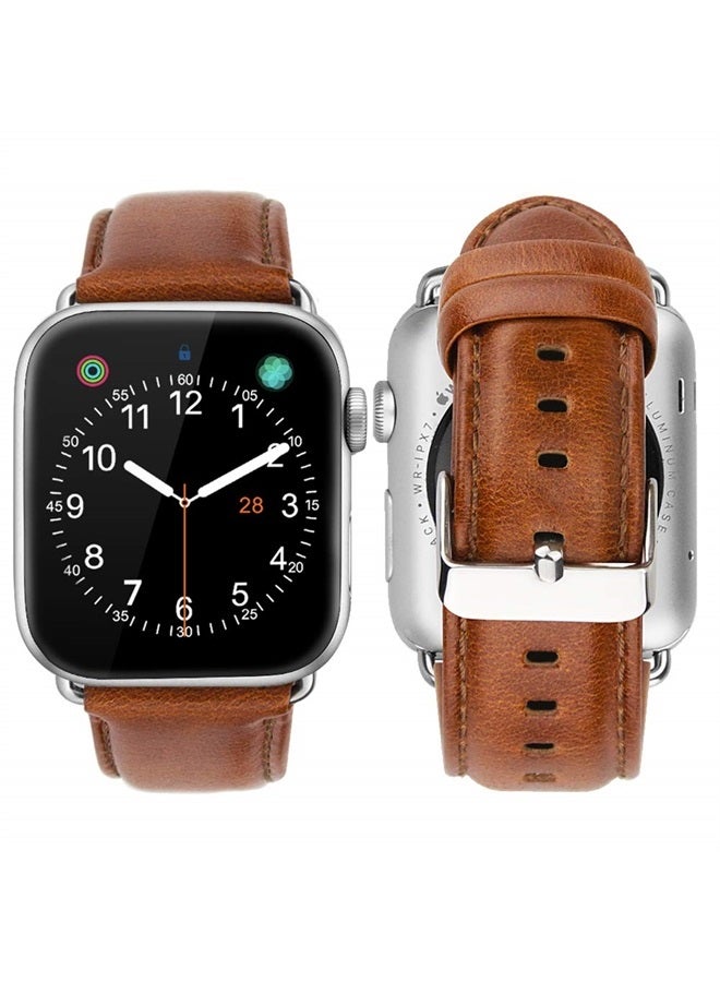 iBazal Compatible with Apple Watch Band 49mm 45mm 42mm 44mm Leather Strap Replacement for iWatch Ultra Series 8 7 6 SE/2 5 4 3 2 1 Sports Men Women - Brown/Silver 42/44/45/49 - Image 1