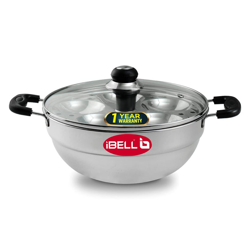 IBELL Stainless Steel Multi Purpose Kadai with 2 idli Plate(10 Idli) and Glass Lid - Image 1