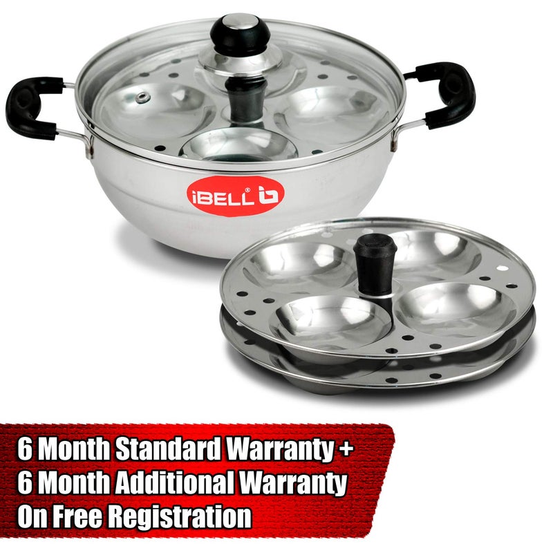 IBELL Stainless Steel Multi Purpose Kadai with 2 idli Plate(10 Idli) and Glass Lid - Image 2