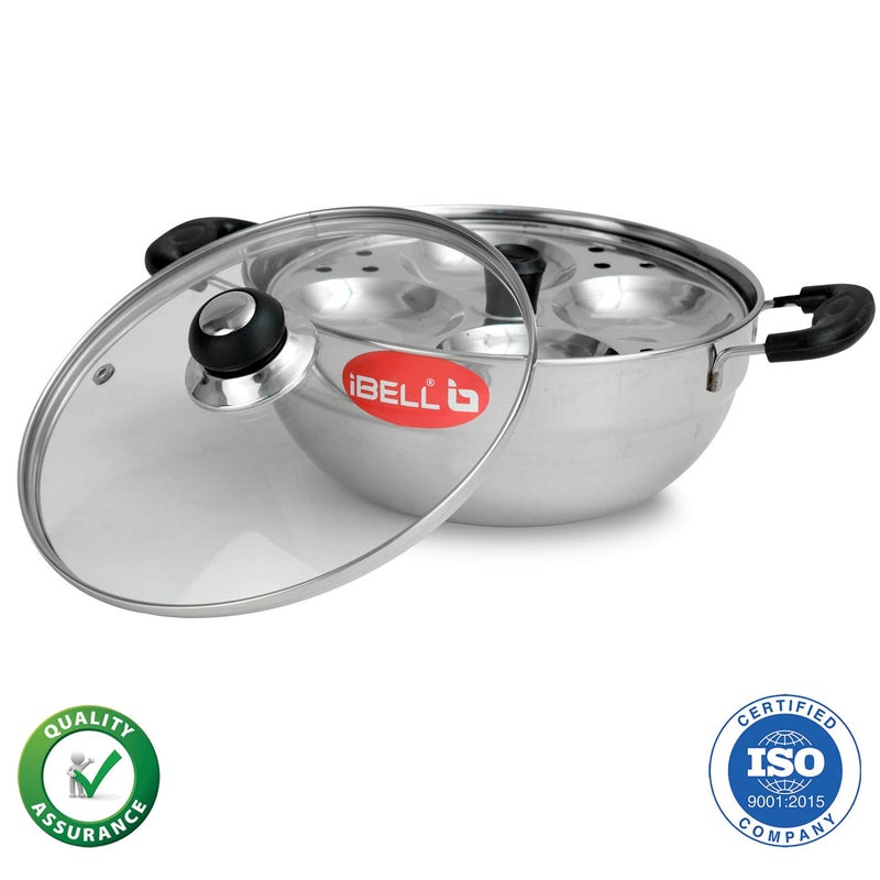 IBELL Stainless Steel Multi Purpose Kadai with 2 idli Plate(10 Idli) and Glass Lid - Image 3