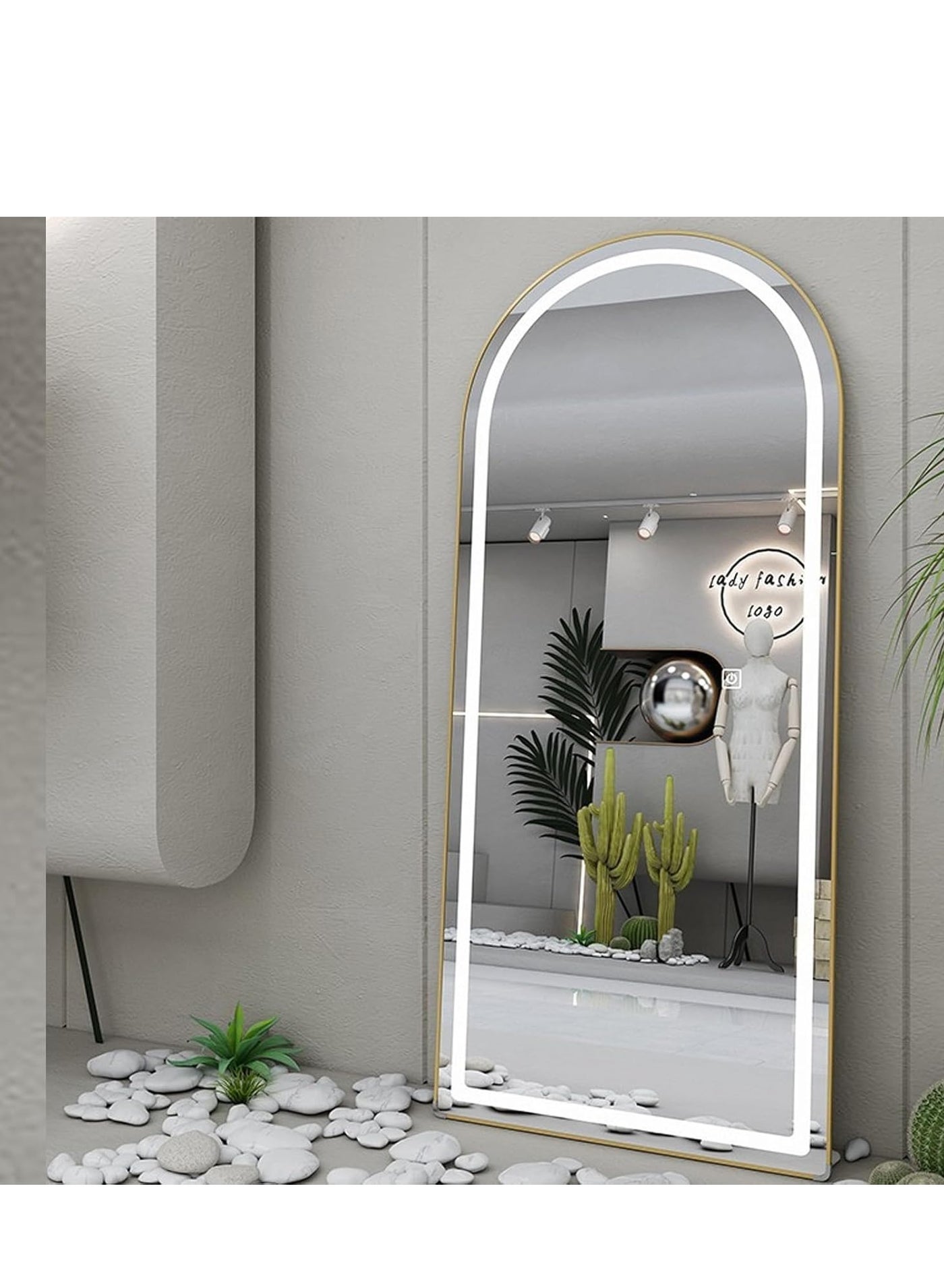 Arched Full Length Mirror with Lights, Floor Mirror with Stands 63"x24", 3 Color Light Options, Touch Button to Adjust Color and Brightness, Free Standing, Wall Mounted, or Leaning Full Body Arched Mirror, Modern Home Decor, Stylish Illuminated Full-Length Mirror for Bedroom, Living Room, Hallway, Dressing Room, LED Lighting, Adjustable Brightness (Gold, 160 X 60 CM)