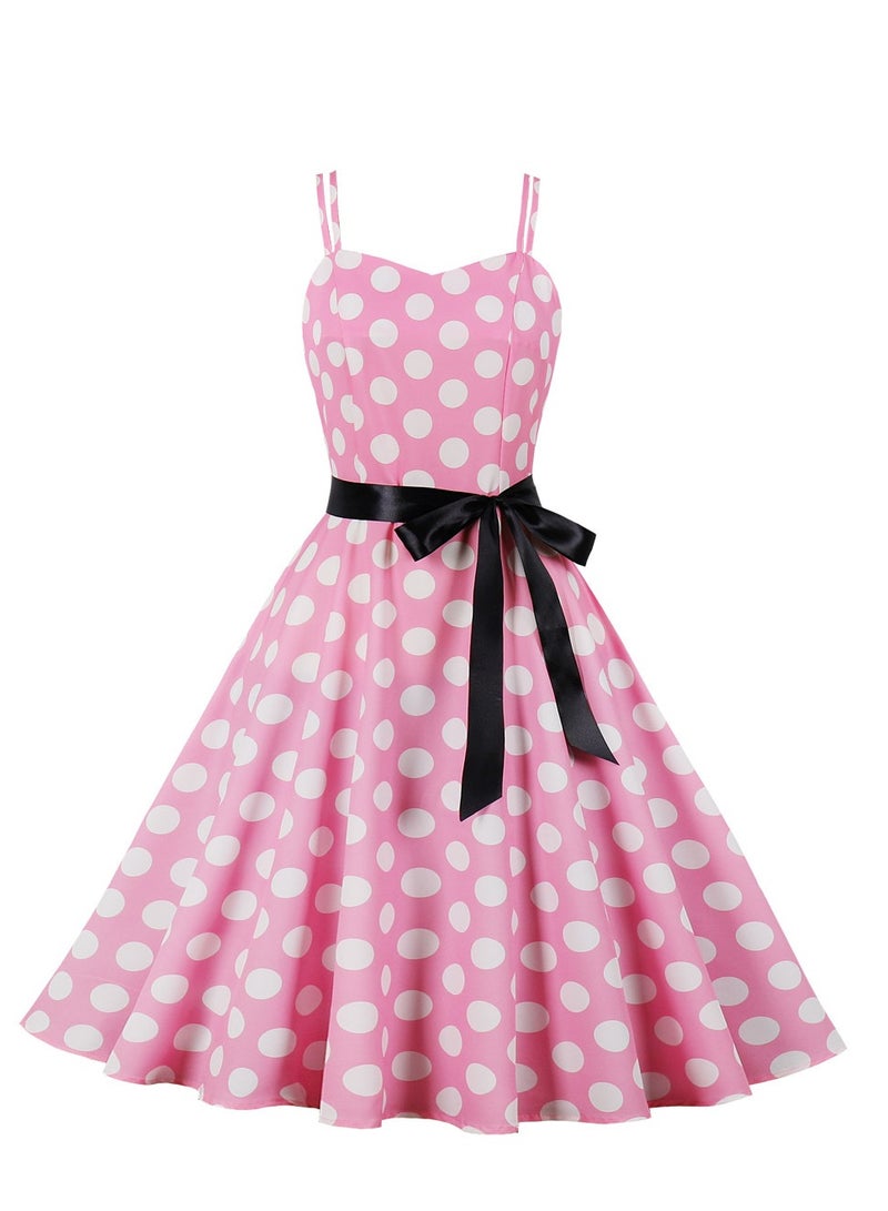 NIBEMINENT Vintage Large Hem Lace Up Polka Dot Printed Strap Pink - Image 1