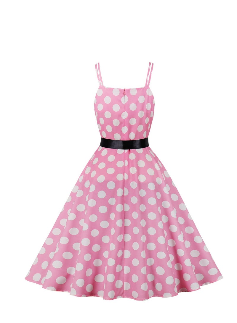 NIBEMINENT Vintage Large Hem Lace Up Polka Dot Printed Strap Pink - Image 2