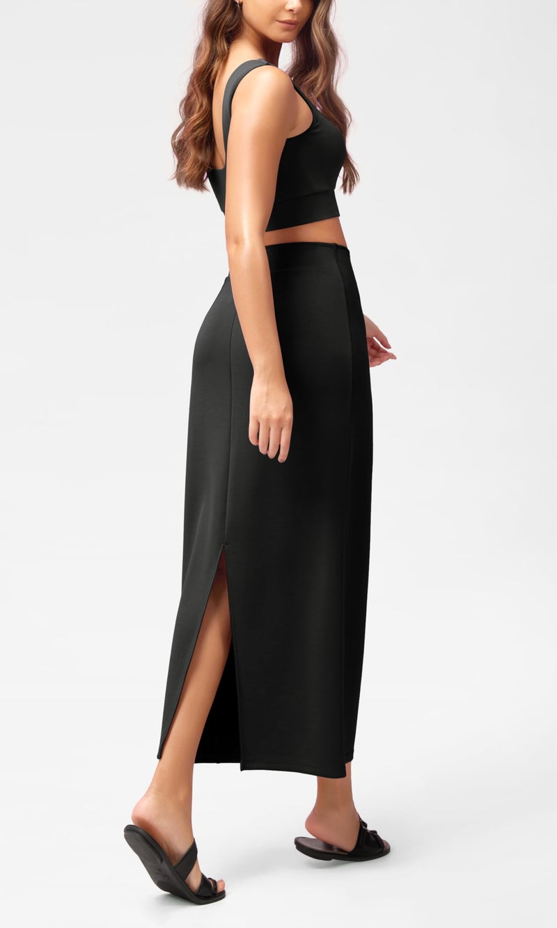 ODODOS Modal Soft Maxi Skirt for Women, Back Slit High Waist Casual Long Pencil Skirts, Black, Large - Image 3
