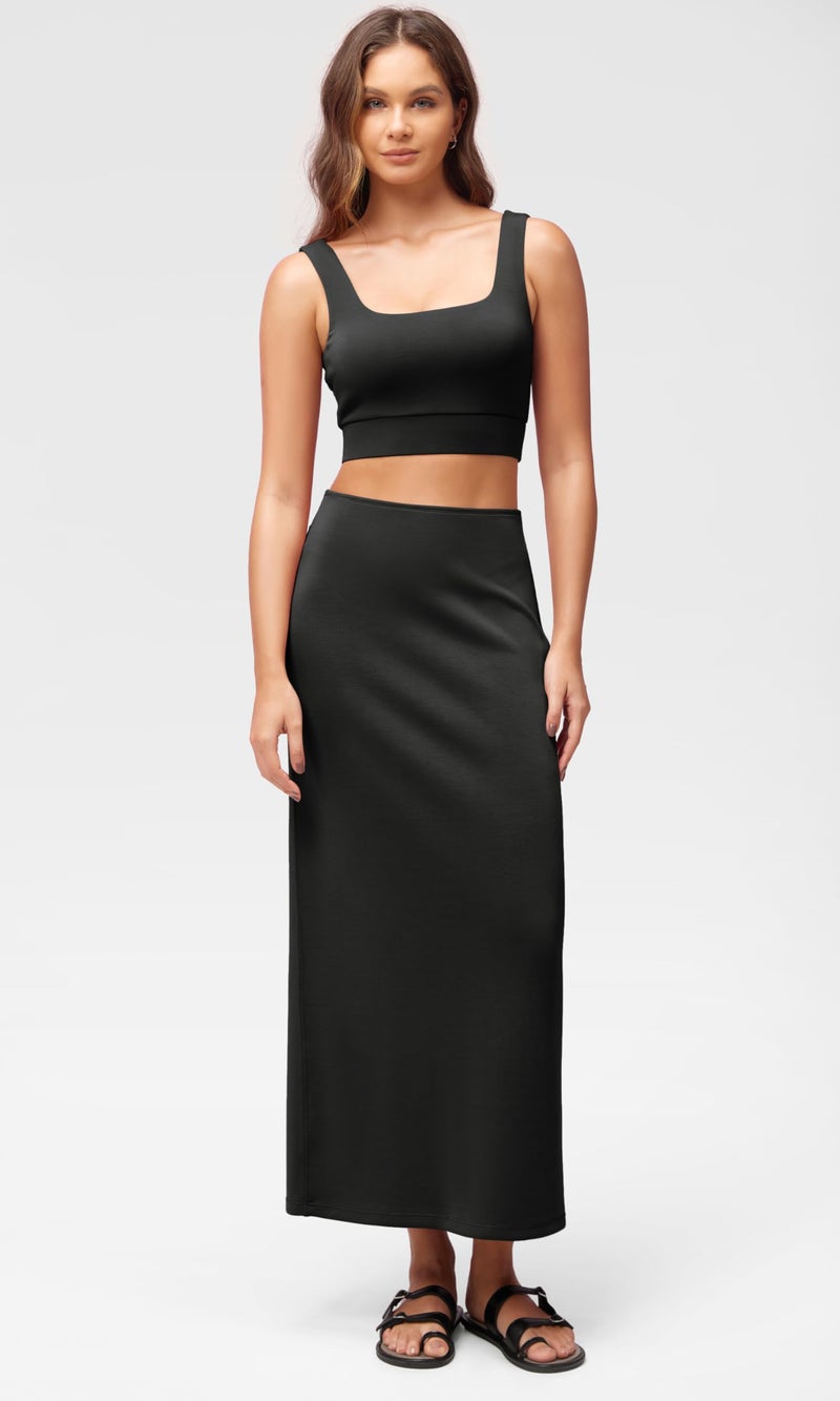 ODODOS Modal Soft Maxi Skirt for Women, Back Slit High Waist Casual Long Pencil Skirts, Black, Large - Image 2