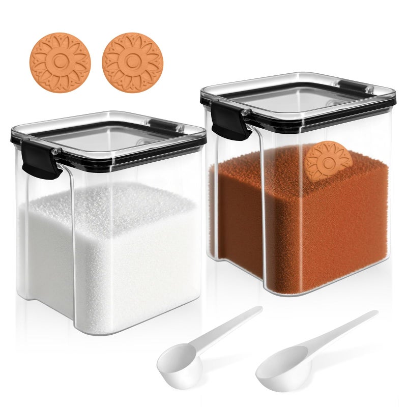 EQUNROY Airtight Brown Sugar Container 800ml/27OZ (2-Pack) Clear Storage Jars with 2 Brown Sugar Keeper, 20ml & 30ml Measuring Scoops - Stackable Kitchen Canister for Baking, Salt, Snacks - Image 1