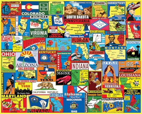 White Mountain 1000 Piece Jigsaw Puzzle Vintage States Collage Puzzles with Large Pieces for Adults and Family 24x30 State Travel Stickers - Image 1