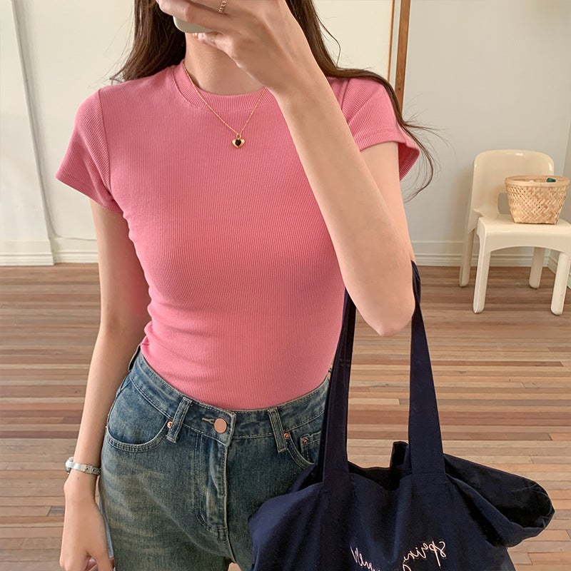 260g Cross-Border Export Women's Short-Sleeved T-Shirt 2025 New Summer Korean Style Large Size High Elasticity Solid Color Round Neck Base Shirt - Image 1