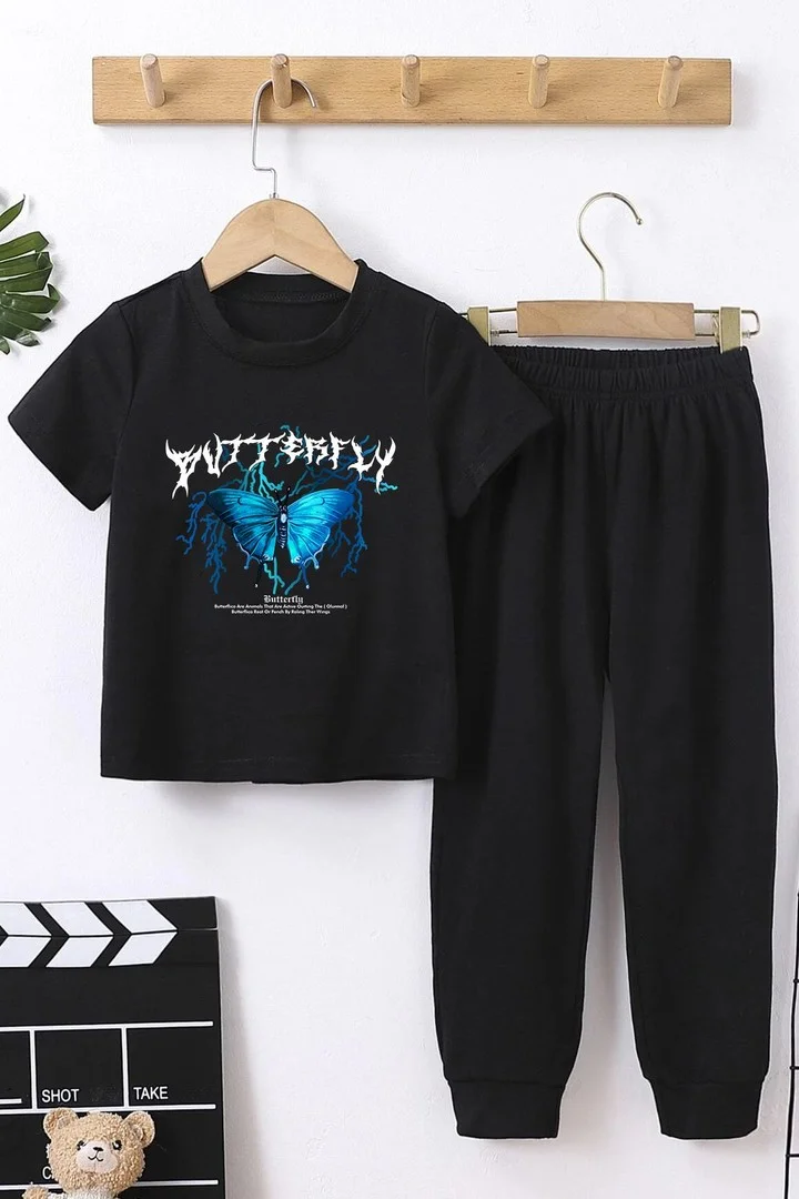 ONLYTRENDWEAR Kids Blue Butterfly Bottom - Top Tracksuit Set 3-4 Years Old Black