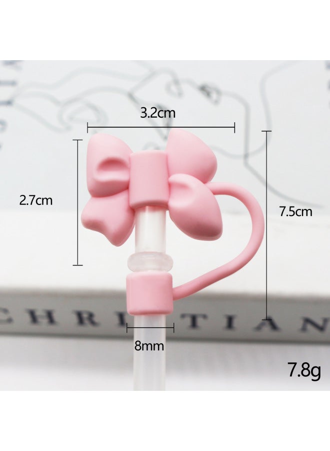 Silicone Straw Cap 8-10mm Cute Flower Doll Dust Cap Can Be Recycled Straw Plug-Color:Silicone Light Powder Bow 8mm-Specifications:Bagged With Straw ]  - Image 1