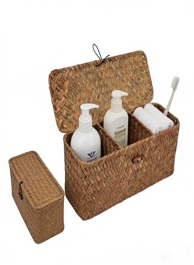 IBEQUEM Enlarge Seagrass Storage Basket, 3-Section Wicker Storage Basket for Bathroom, Rectangular Small Woven Shelf Basket for Toiletries Tampon - Image 1