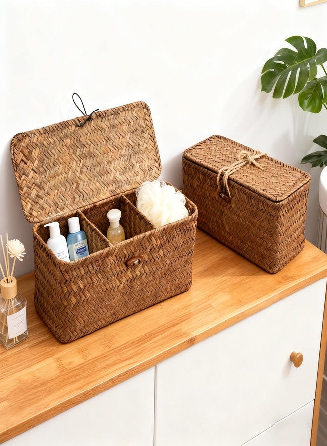 IBEQUEM Enlarge Seagrass Storage Basket, 3-Section Wicker Storage Basket for Bathroom, Rectangular Small Woven Shelf Basket for Toiletries Tampon - Image 3
