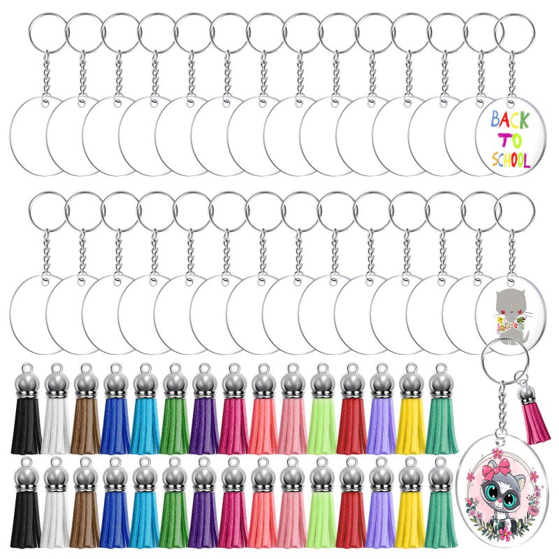 Audab 120pcs Acrylic Keychain Blanks for Vinyl Kit Including 30pcs Clear Acrylic Blanks, 30pcs Keychain Tassels, 30pcs Key Rings and 30pcs Jump Rings for DIY Key Chain Vinyl Crafting - Image 1